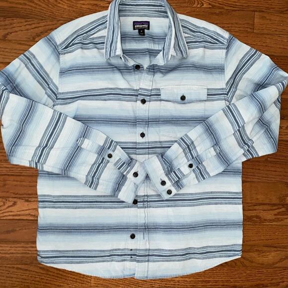 Patagonia $89 Fjord Organic Cotton Flannel Blue Stripe Mens MED EUC - Picture 2 of 9